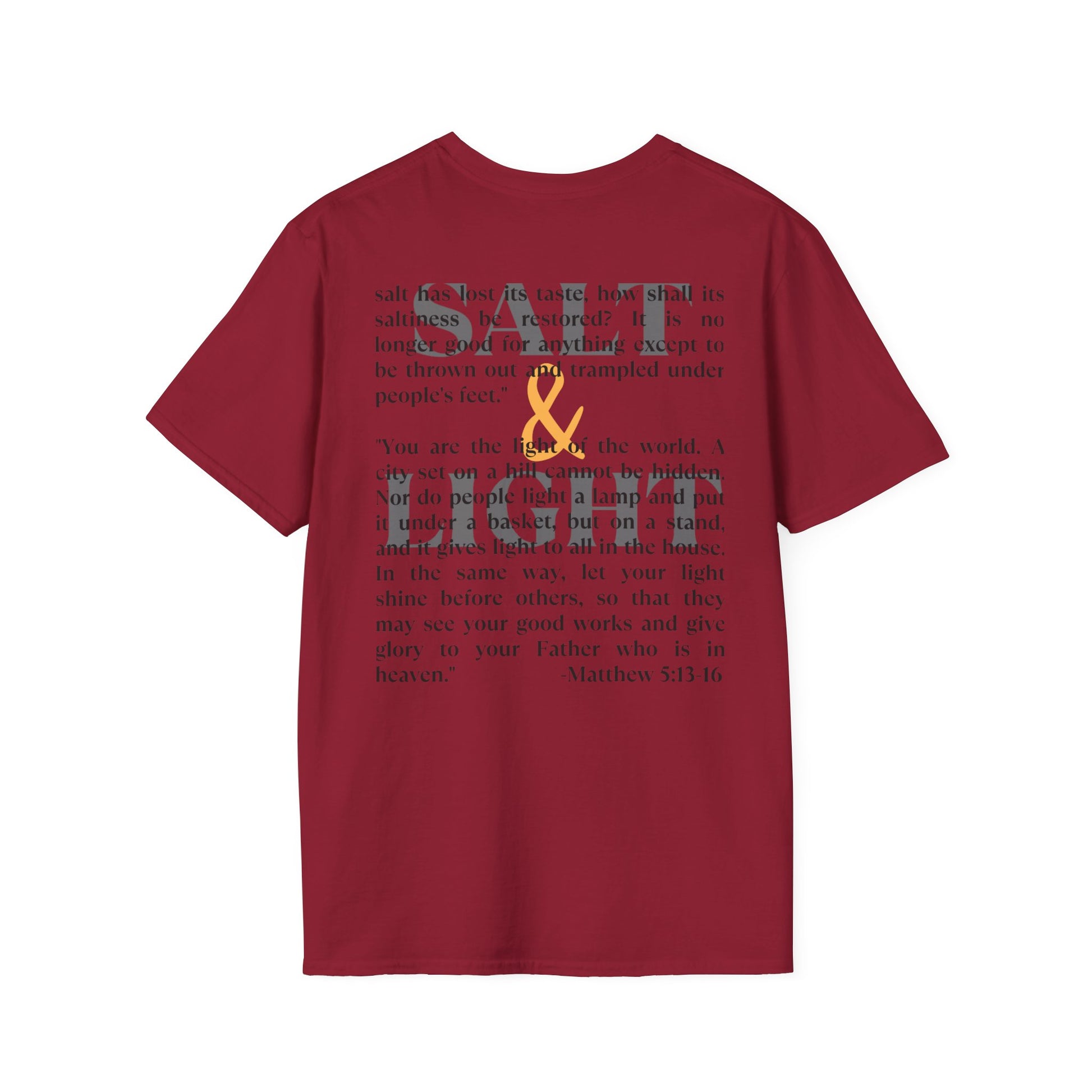 Salt & Light Christian Men's graphic t-shirt in burgundy with inspirational print on back
