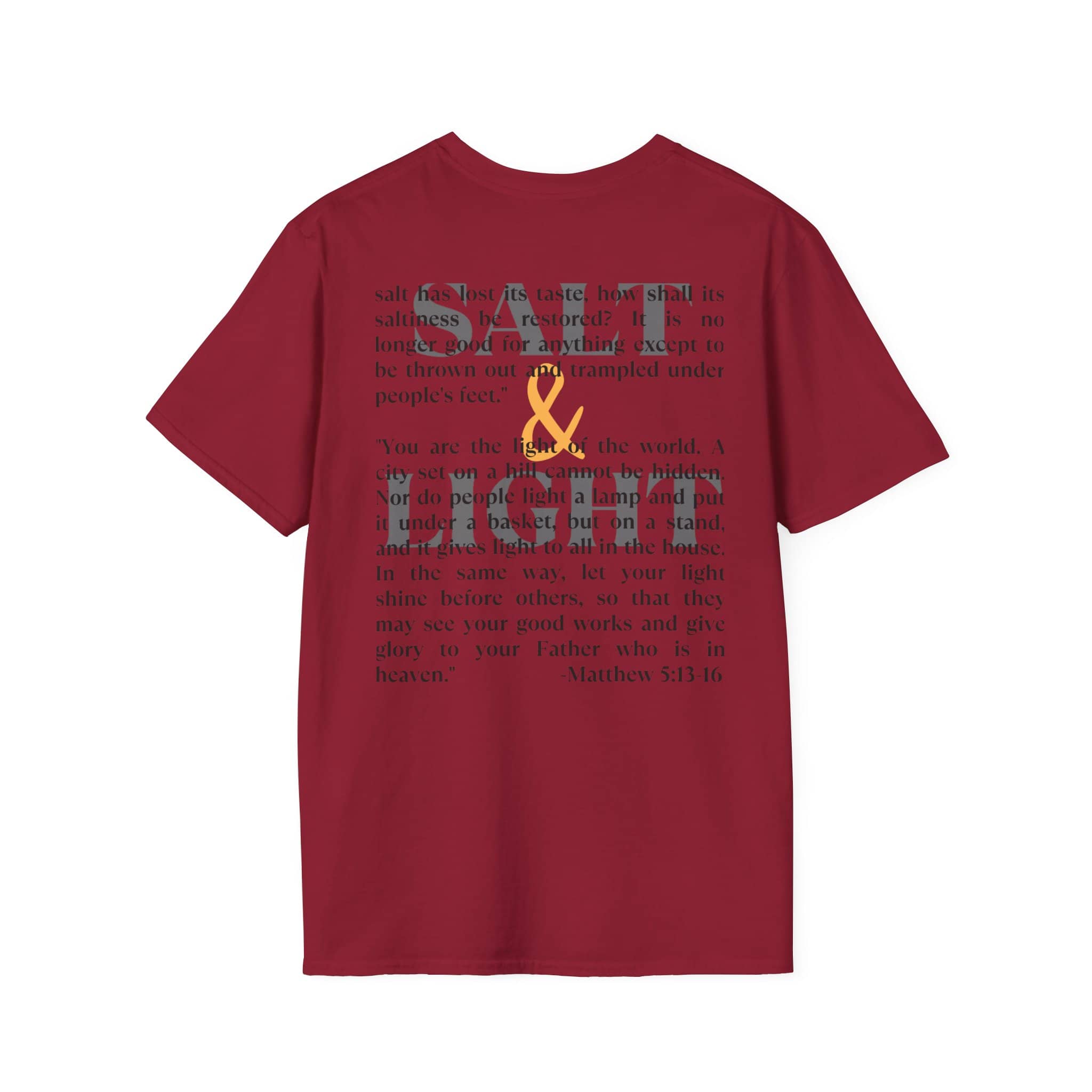 Salt & Light Christian Men's graphic t-shirt in burgundy with inspirational print on back