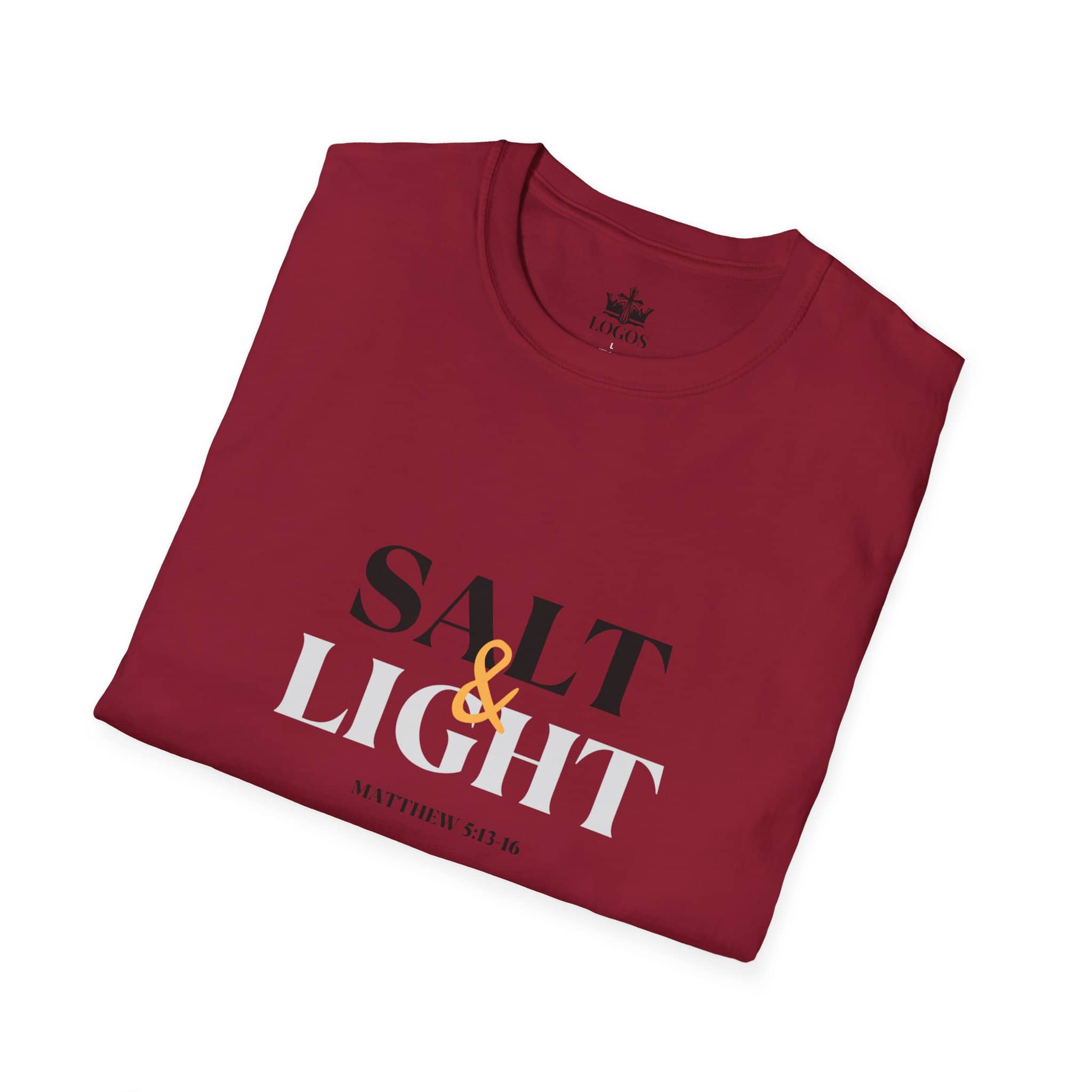 Salt & Light Christian Men's graphic t-shirt in burgundy featuring Matthew 5:16 design
