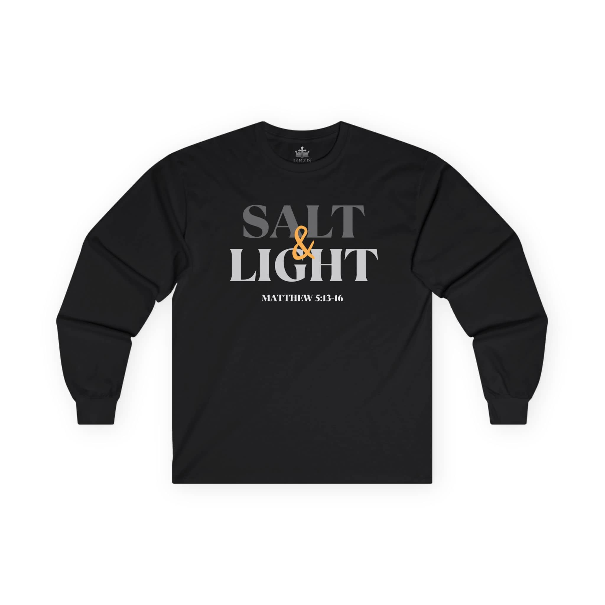 Salt and Light men's tee in black with a graphic design referencing Matthew 5:13-16