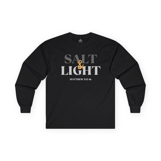 Salt and Light men's tee in black with a graphic design referencing Matthew 5:13-16