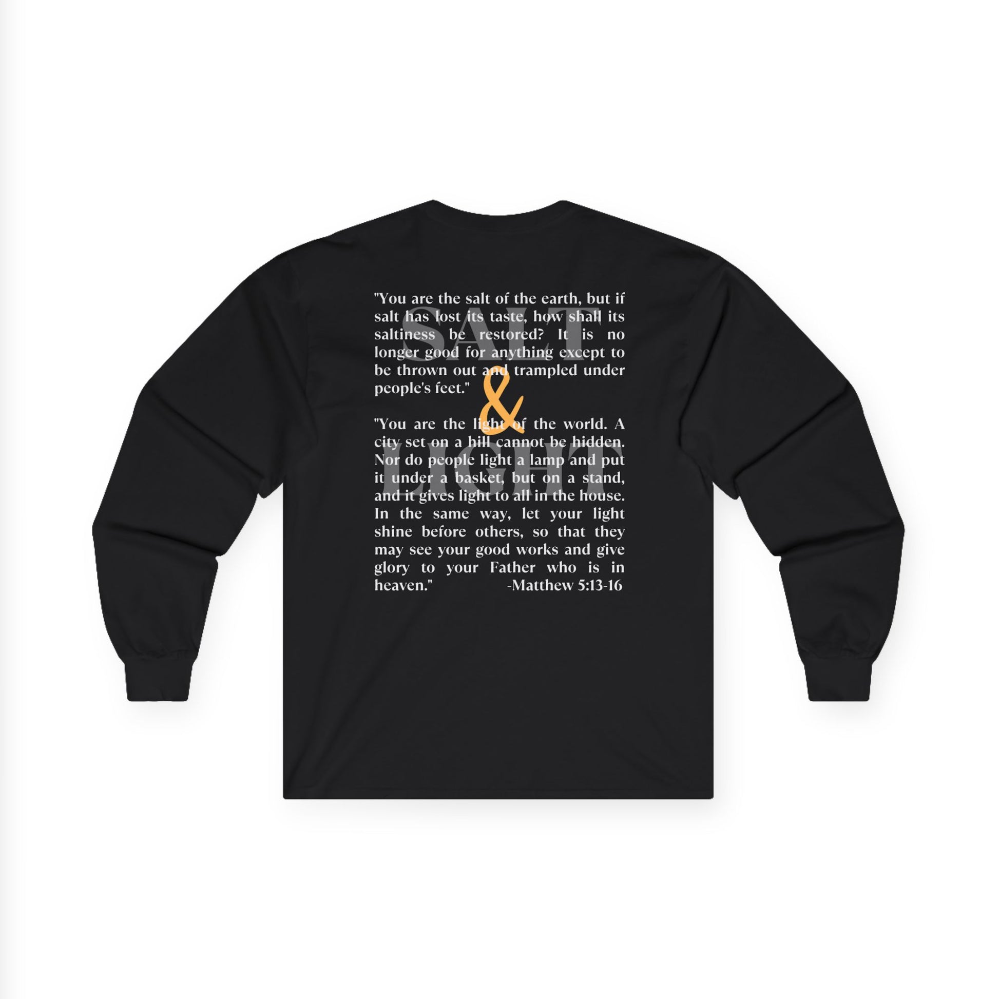 Salt and Light men's tee featuring a meaningful quote on the back in black long-sleeve design