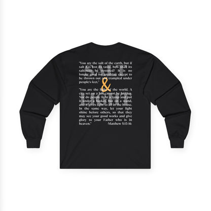 Salt and Light men's tee featuring a meaningful quote on the back in black long-sleeve design