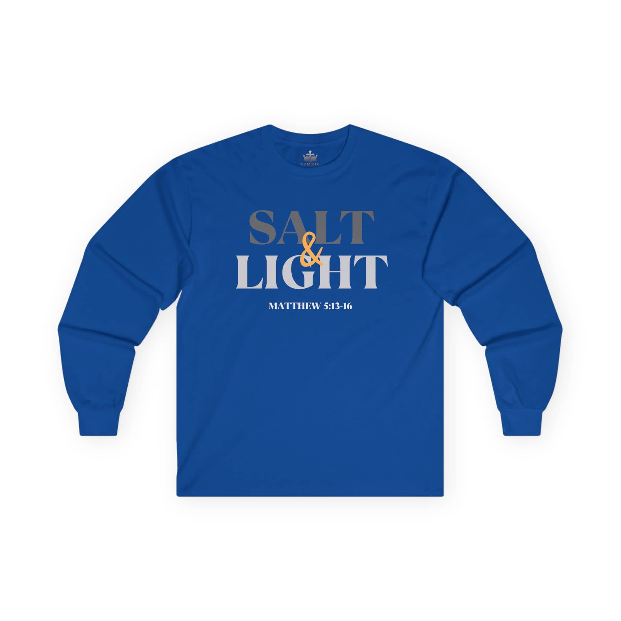 Salt and Light men's tee in blue with inspirational Matthew 5:13-16 design for casual wear