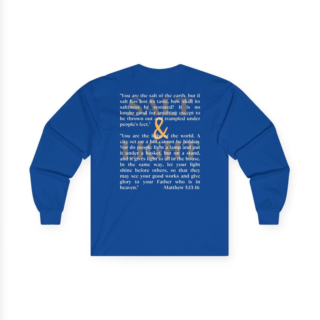Blue Long Sleeve Salt and Light men's tee featuring inspirational quote from Matthew 5:13-16