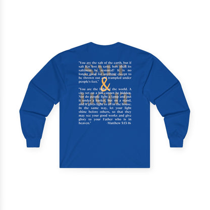 Blue Long Sleeve Salt and Light men's tee featuring inspirational quote from Matthew 5:13-16