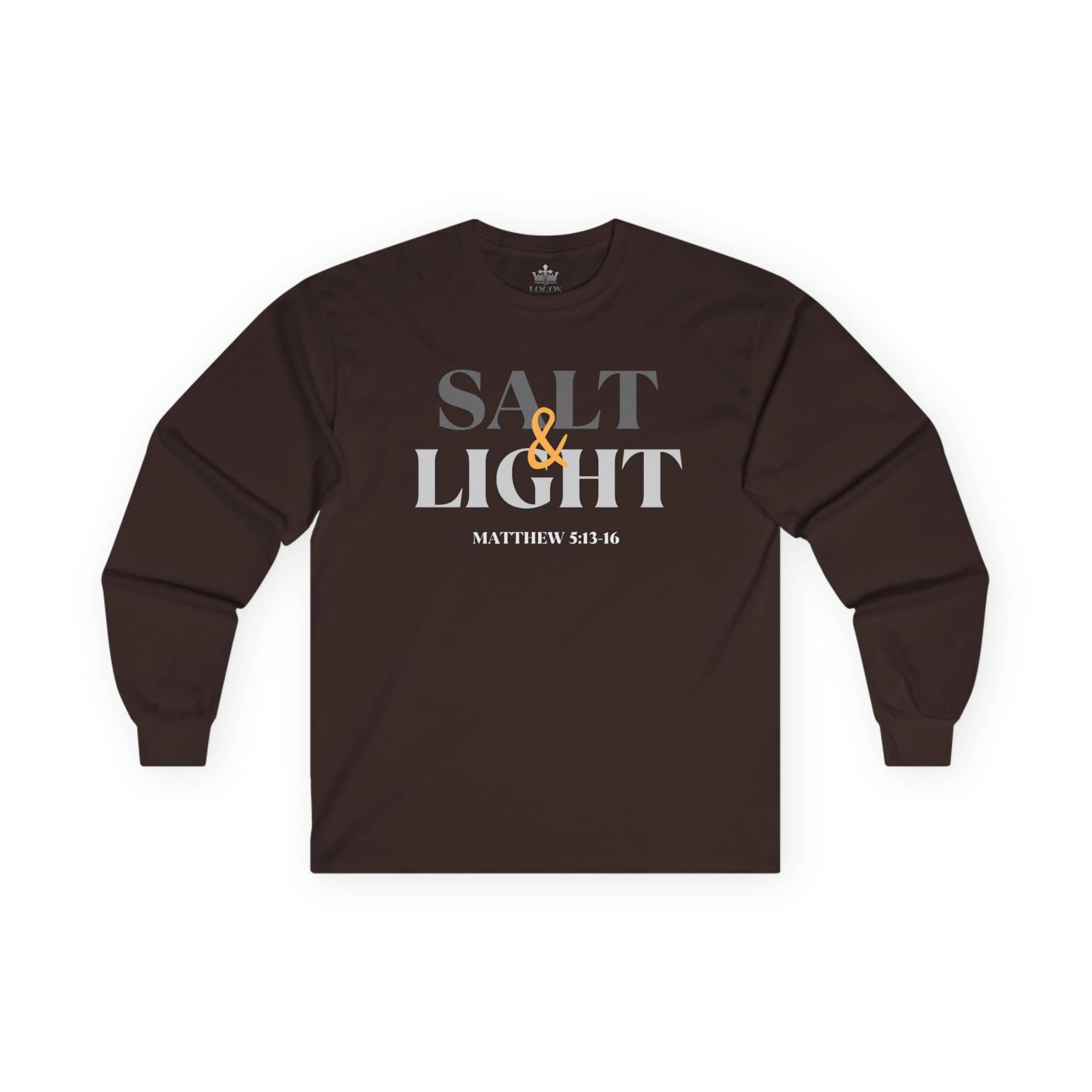 Salt and Light men's tee in dark brown with Matthew 5:13-16 printed design
