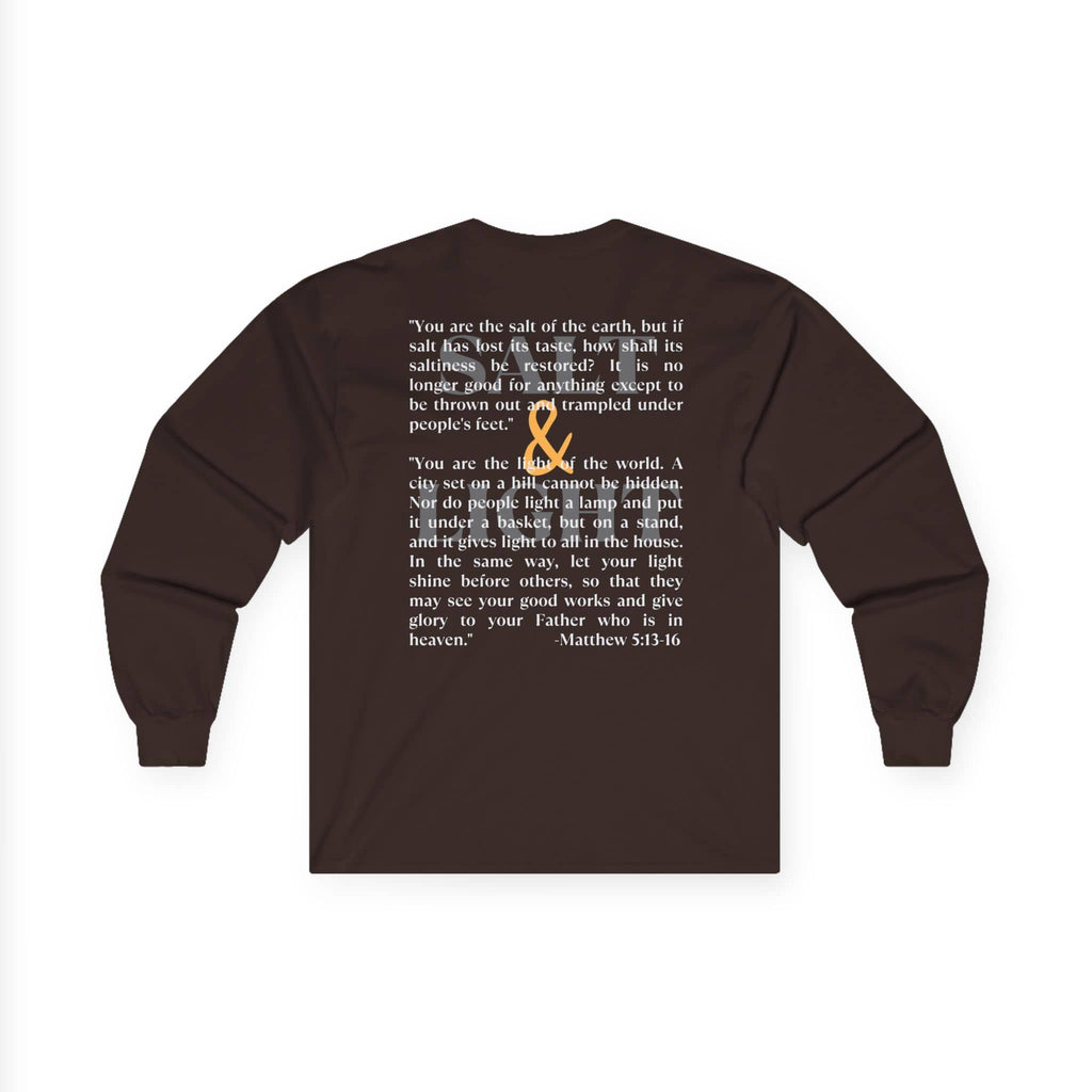 Salt and Light men's tee in brown featuring a bible verse and inspirational design