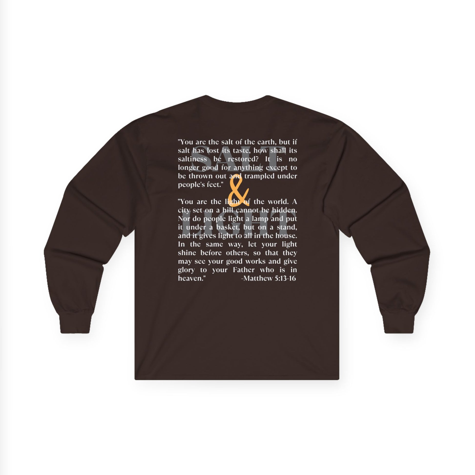 Salt and Light men's tee in brown featuring a bible verse and inspirational design