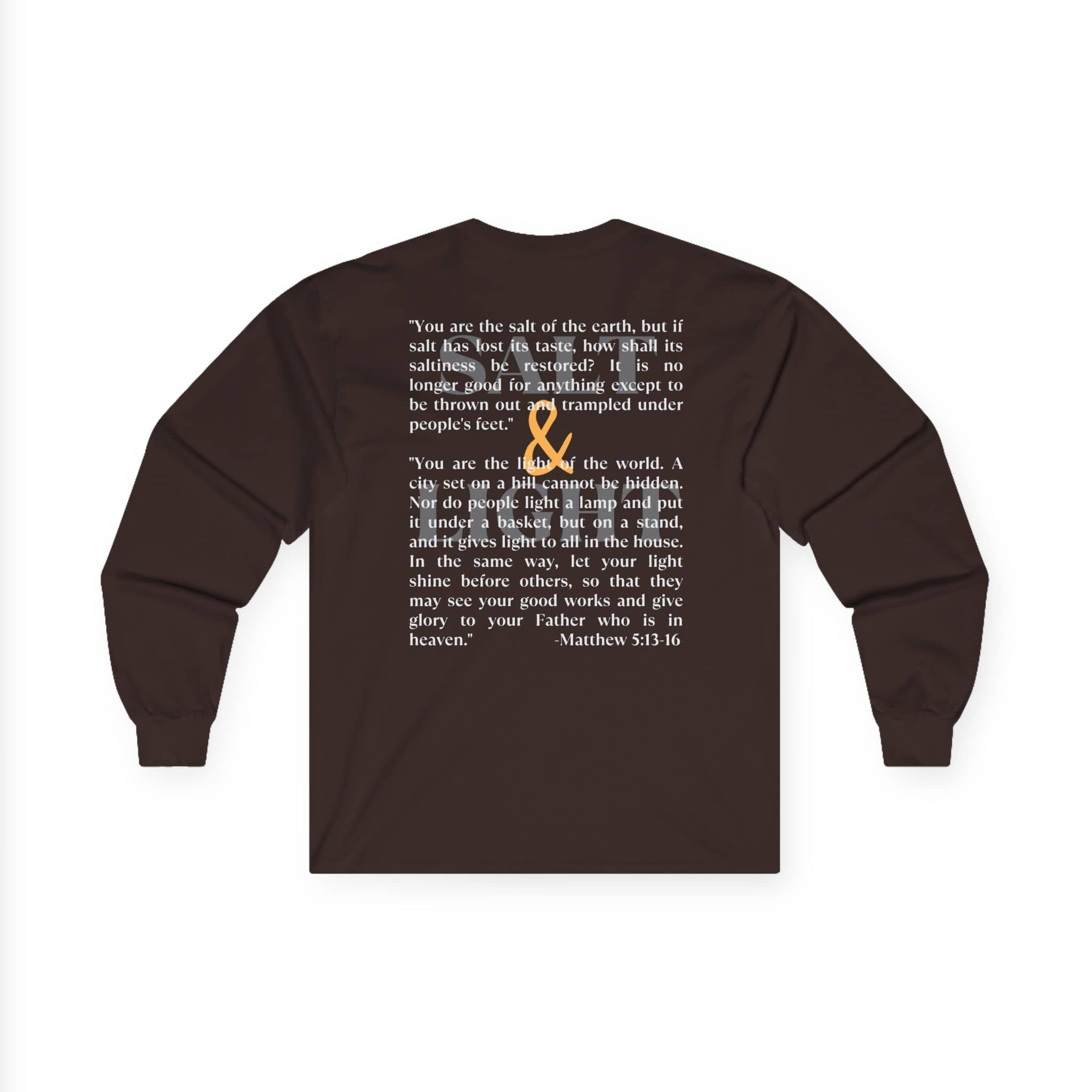 Salt and Light men's tee in brown featuring a bible verse and inspirational design