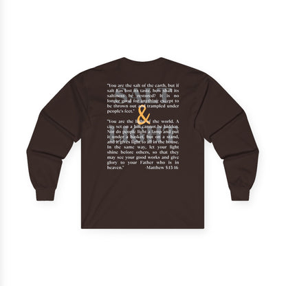 Salt and Light men's tee in brown featuring a bible verse and inspirational design