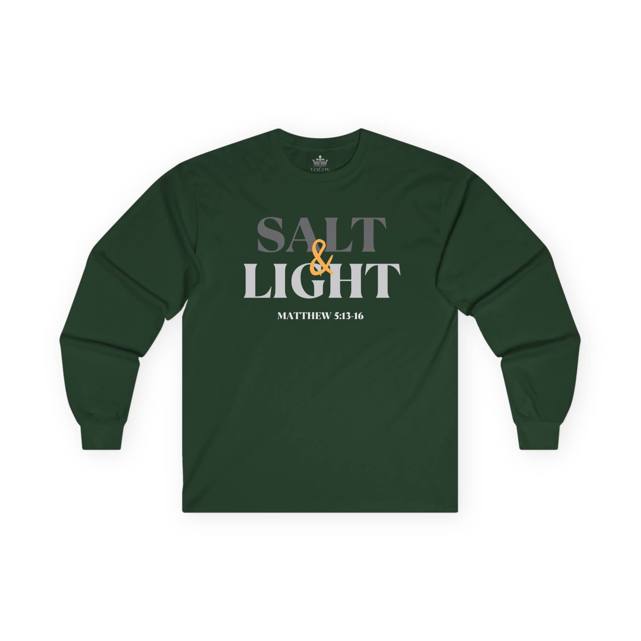Salt and Light men's tee in dark green featuring Matthew 5:13-16 design for casual wear