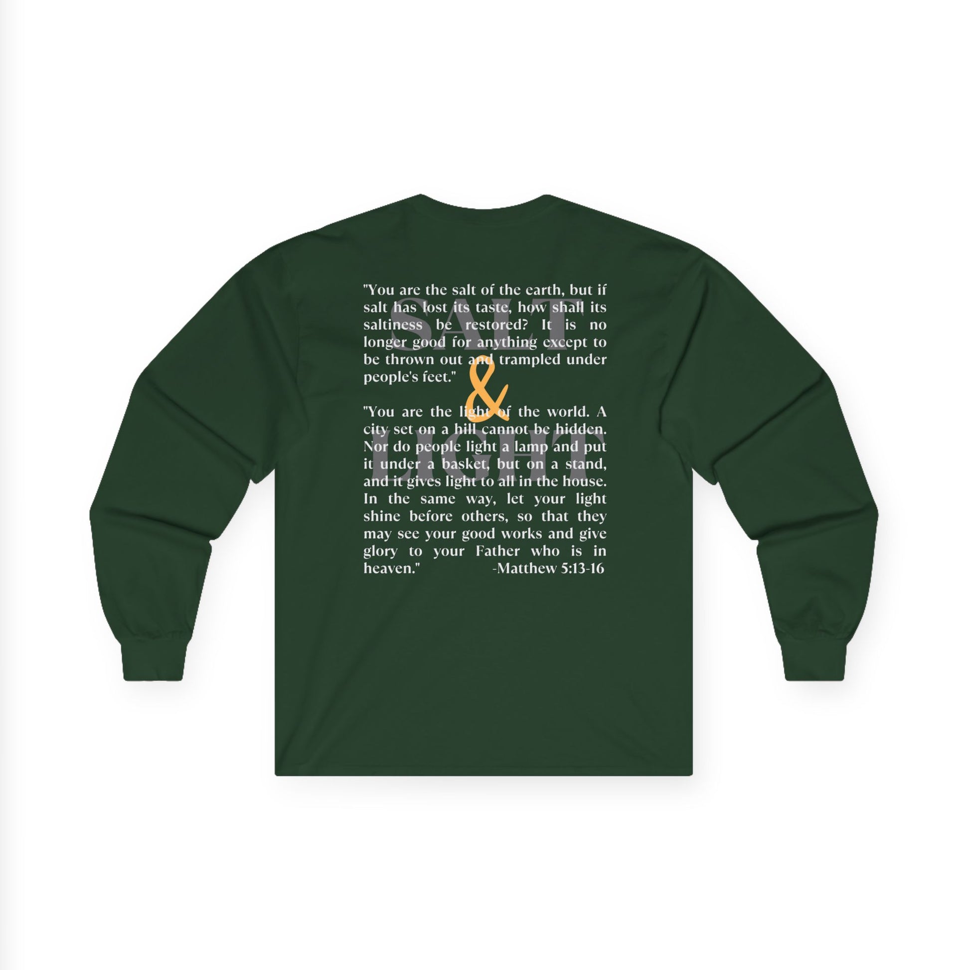 Salt and Light men's tee in dark green with inspirational quote from Matthew 5:13-16 on the back