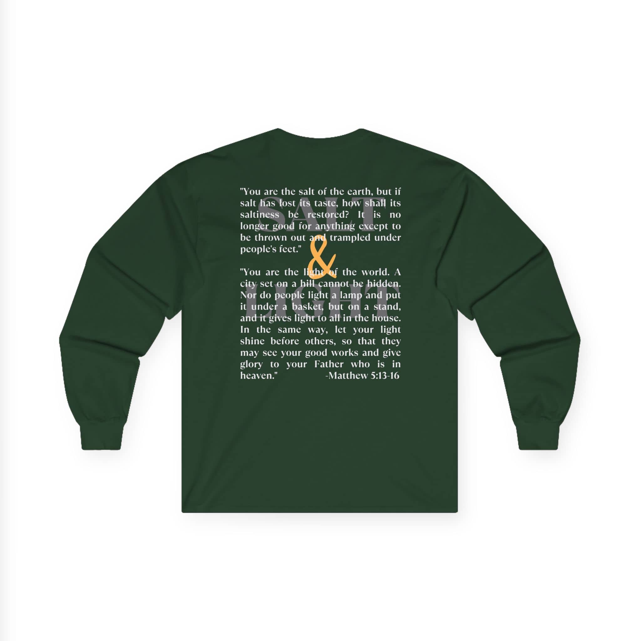Salt and Light men's tee in dark green with inspirational quote from Matthew 5:13-16 on the back