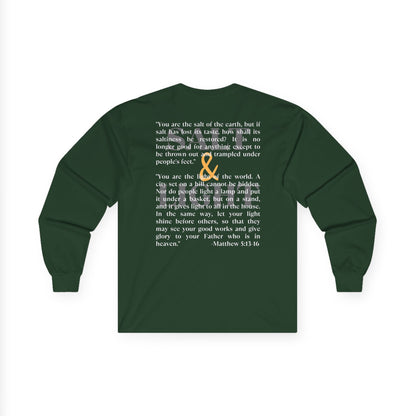 Salt and Light men's tee in dark green with inspirational quote from Matthew 5:13-16 on the back