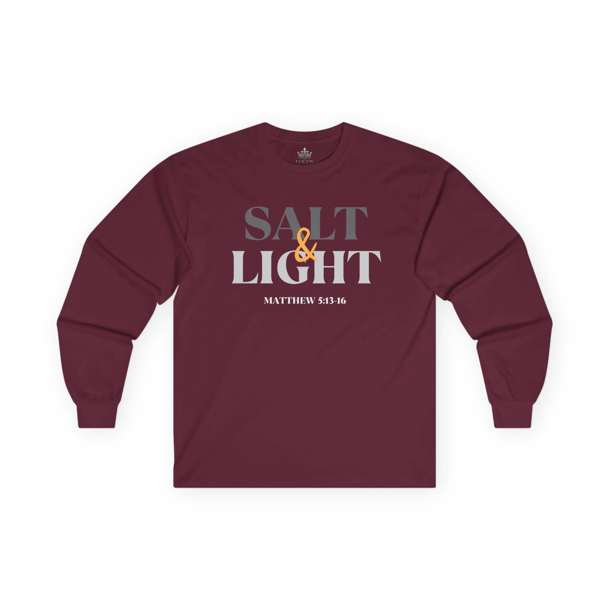 Salt and Light men's tee in maroon with scripture reference from Matthew 5:13-16