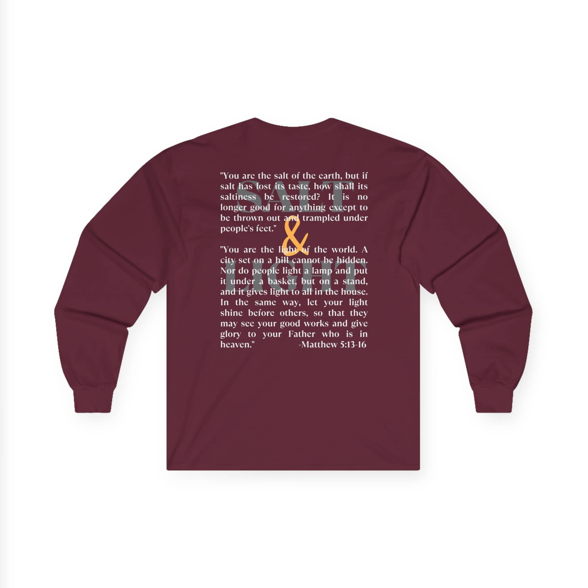 Salt and Light men's tee in maroon featuring inspirational quote and long sleeves for comfort and style