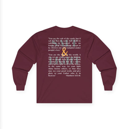 Salt and Light men's tee in maroon featuring inspirational quote and long sleeves for comfort and style