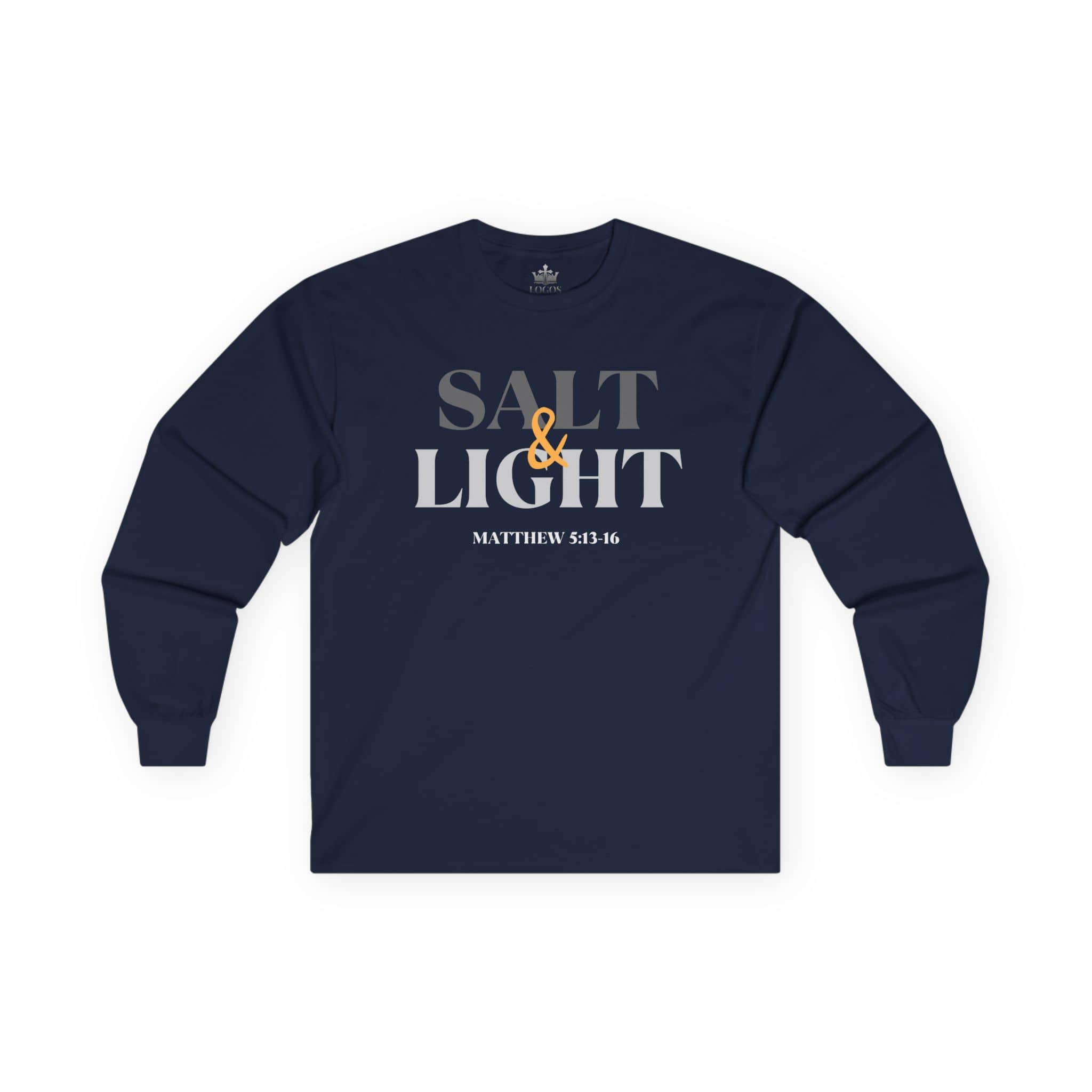Salt and Light men's tee in navy blue featuring Matthew 5:13-16 graphic design