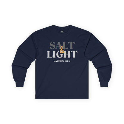 Salt and Light men's tee in navy blue featuring Matthew 5:13-16 graphic design