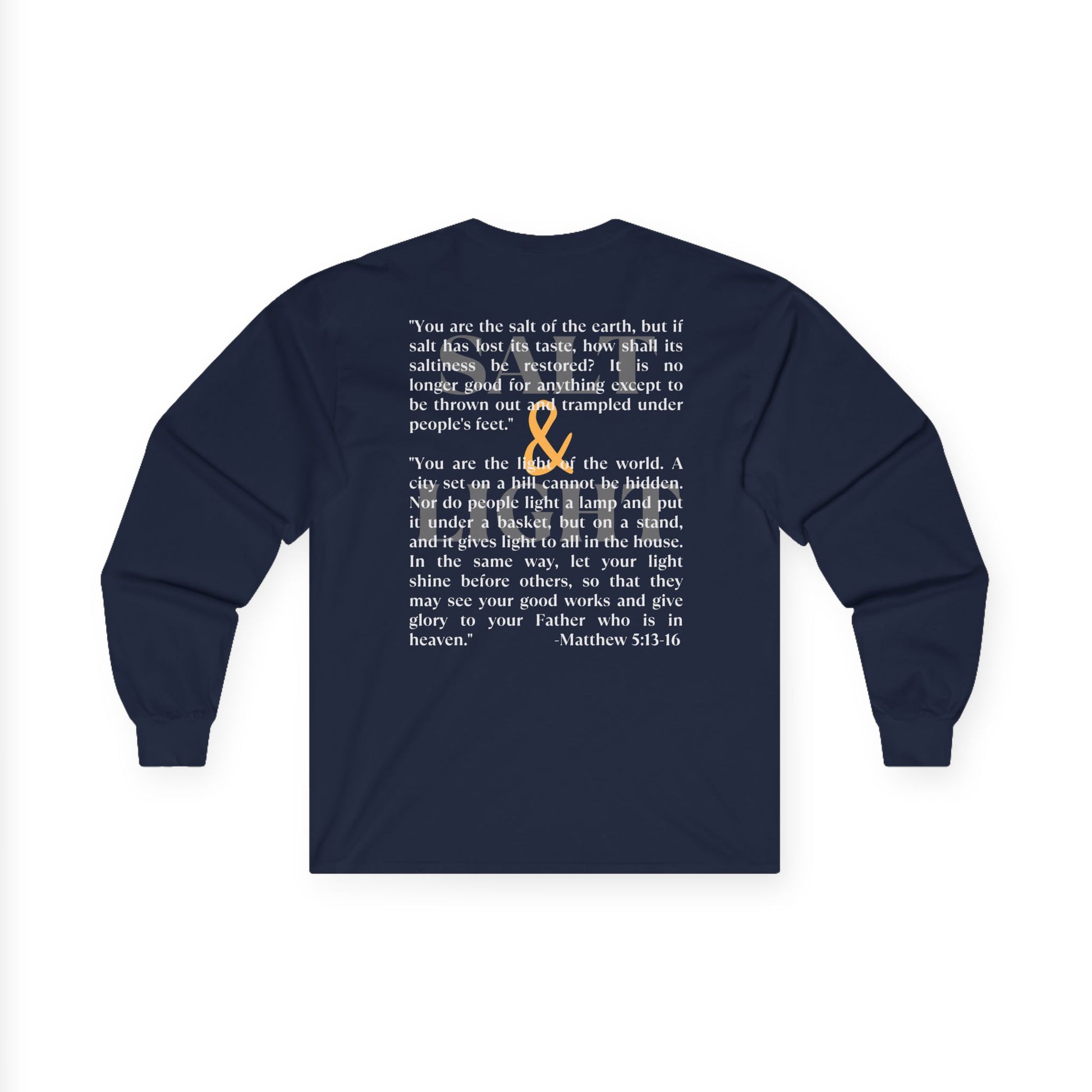 Salt and Light men's tee with inspirational Matthew 5:13-16 quote on a navy long-sleeve shirt