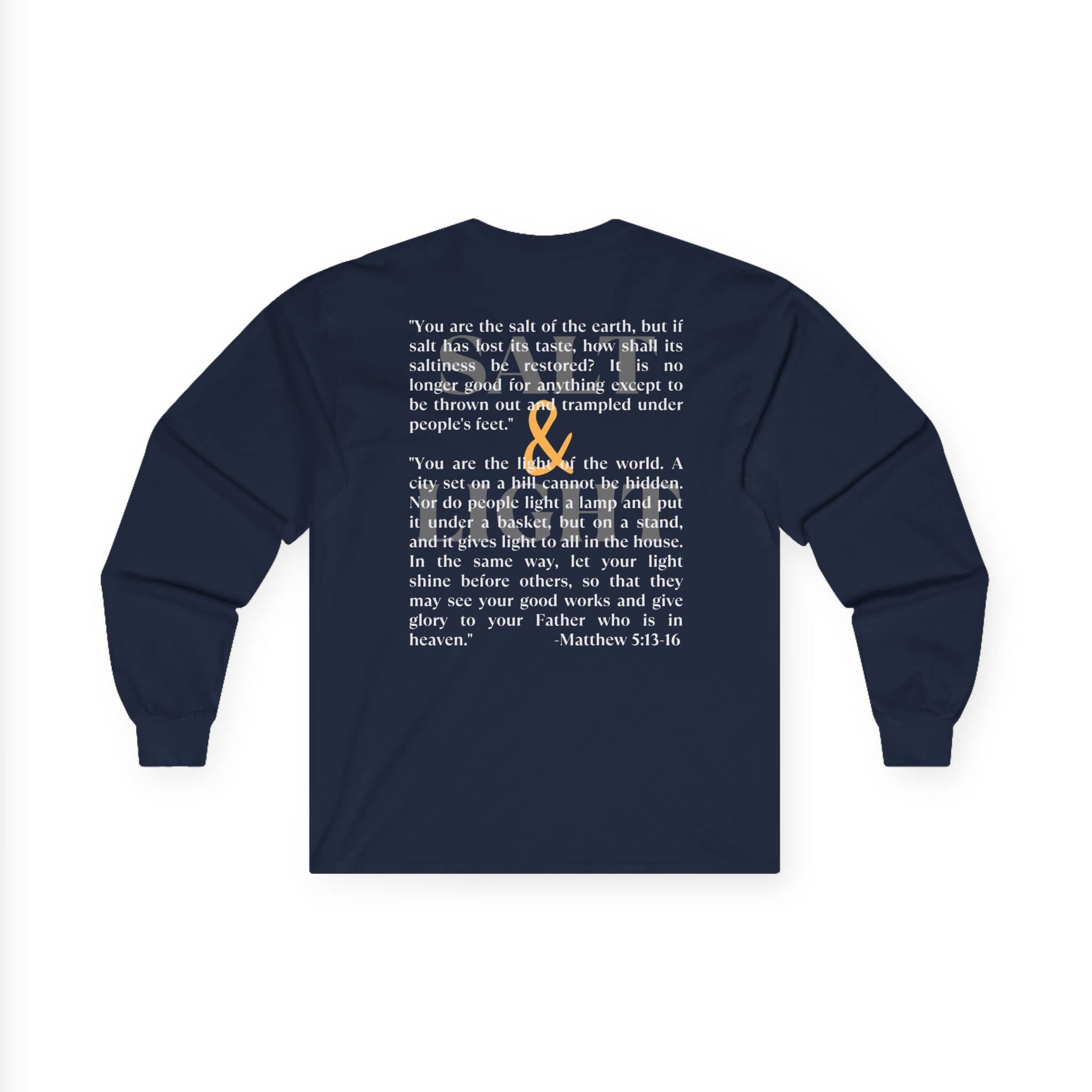Salt and Light men's tee with inspirational Matthew 5:13-16 quote on a navy long-sleeve shirt