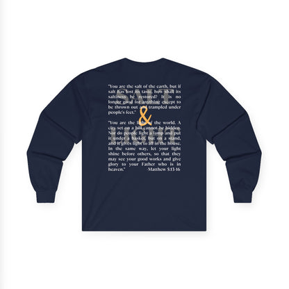 Salt and Light men's tee with inspirational Matthew 5:13-16 quote on a navy long-sleeve shirt