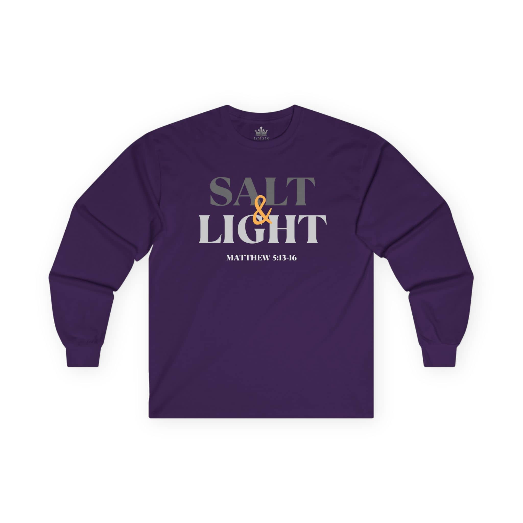 Salt and Light men's tee in purple with scripture reference Matthew 5:13-16 printed on the front