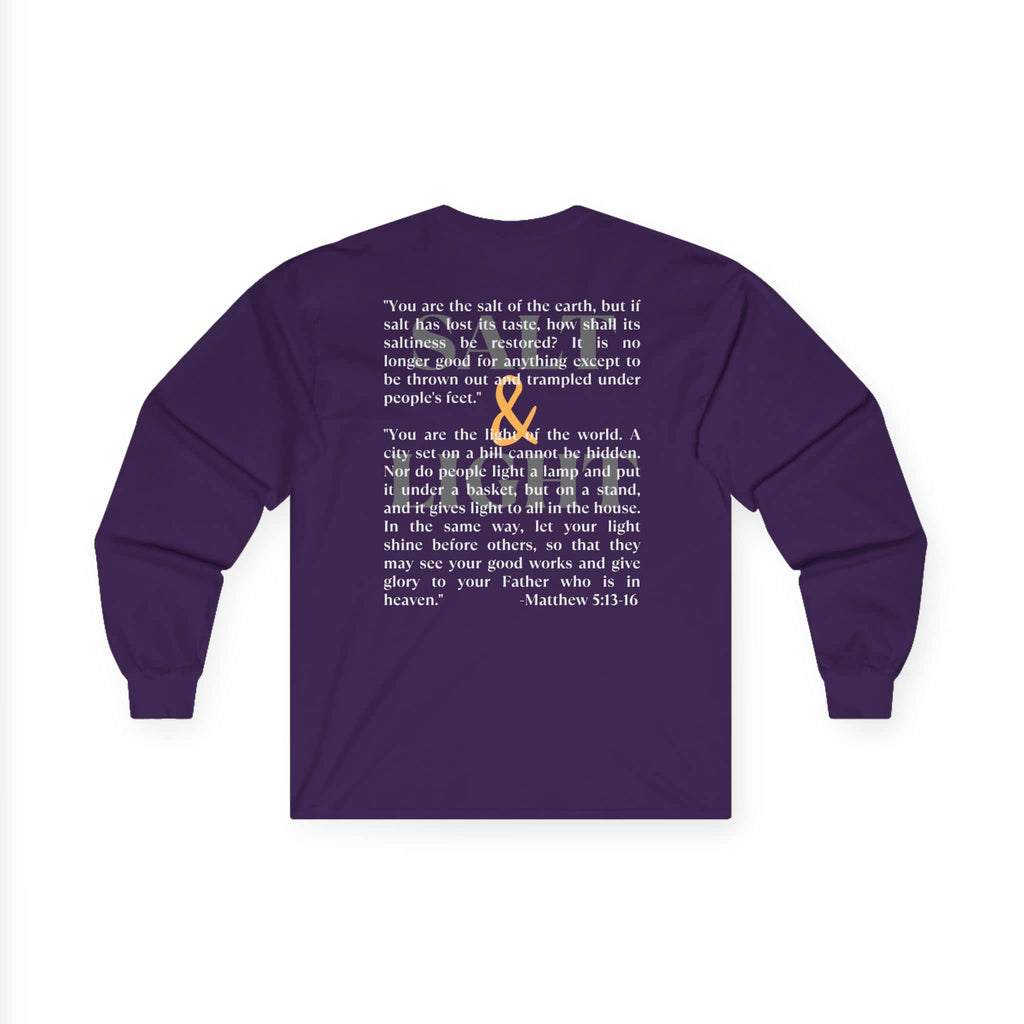 Salt and Light men's tee in purple featuring a motivational quote from Matthew 5:13-16 on the back