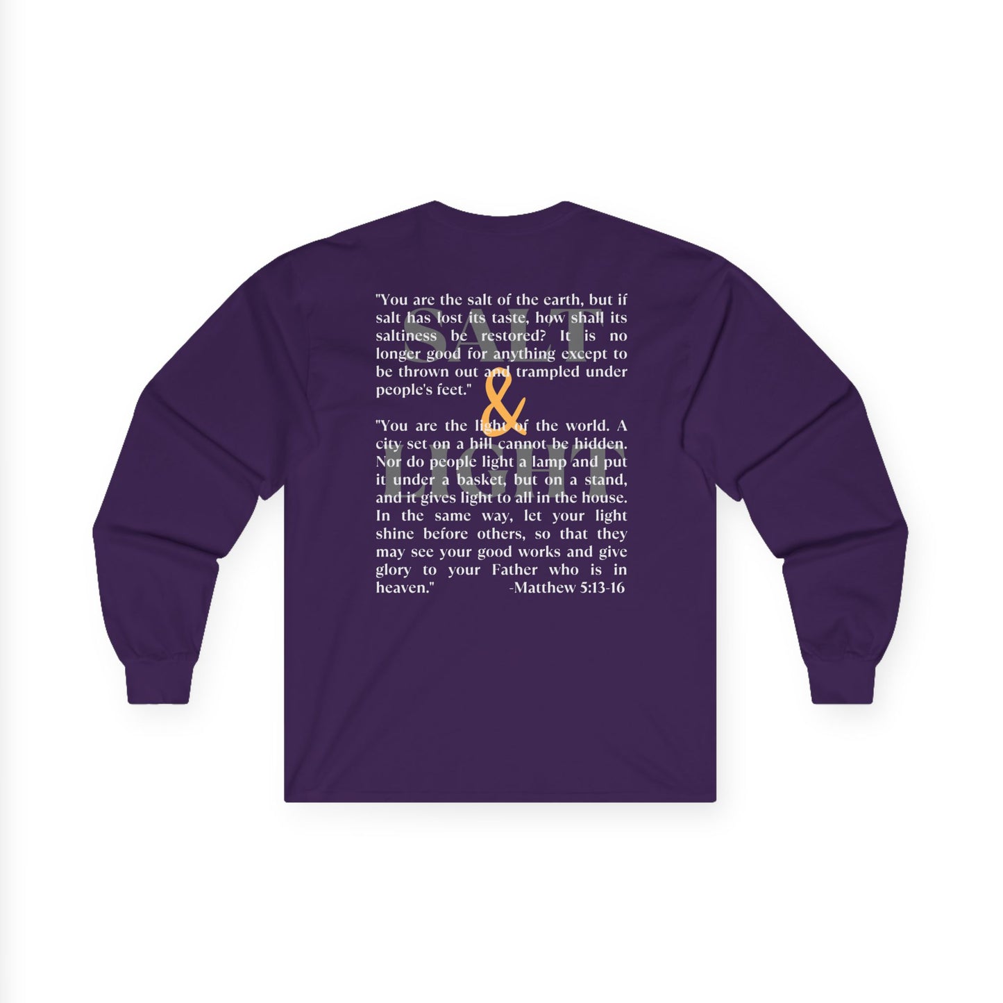 Salt and Light men's tee in purple featuring a motivational quote from Matthew 5:13-16 on the back