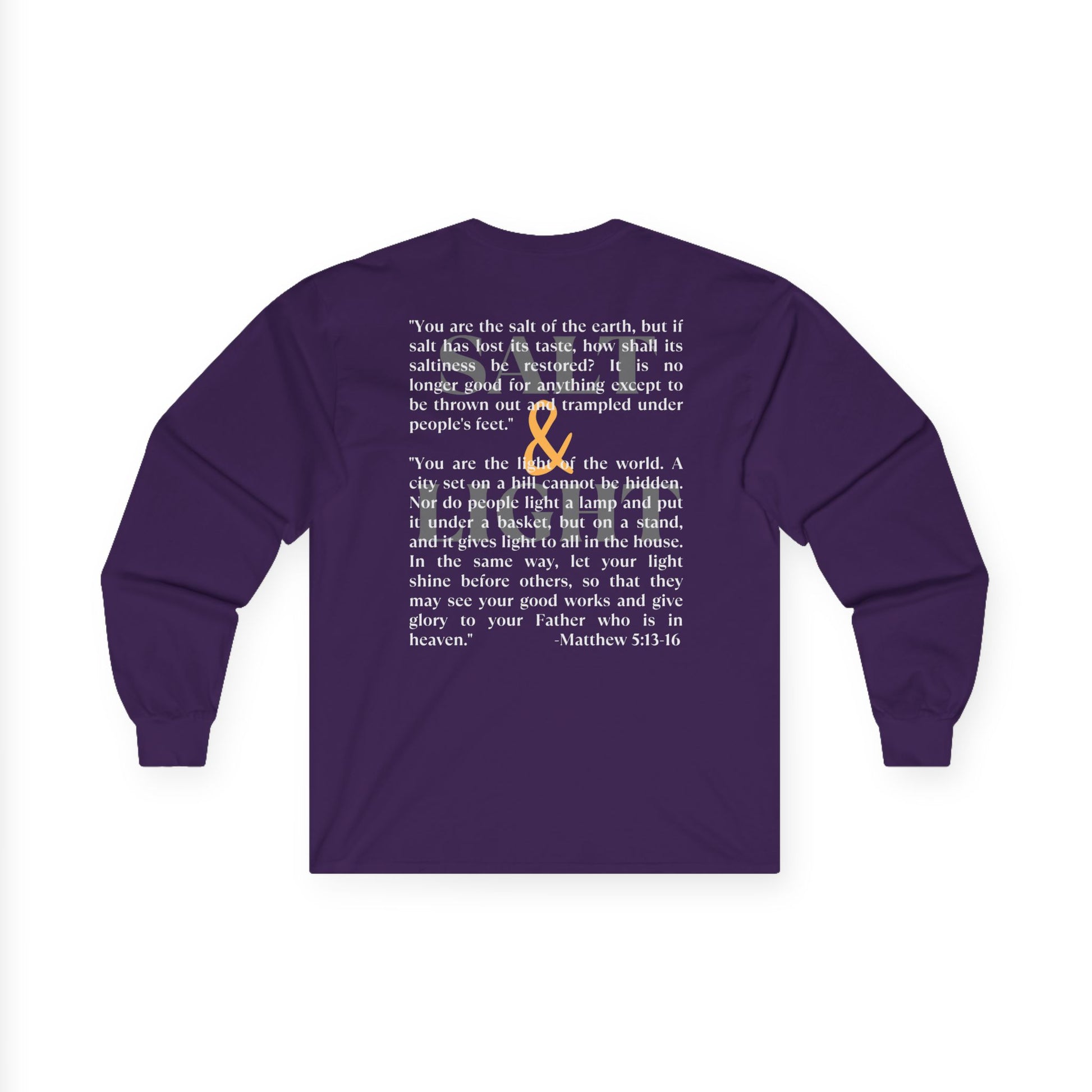 Salt and Light men's tee in purple featuring a motivational quote from Matthew 5:13-16 on the back