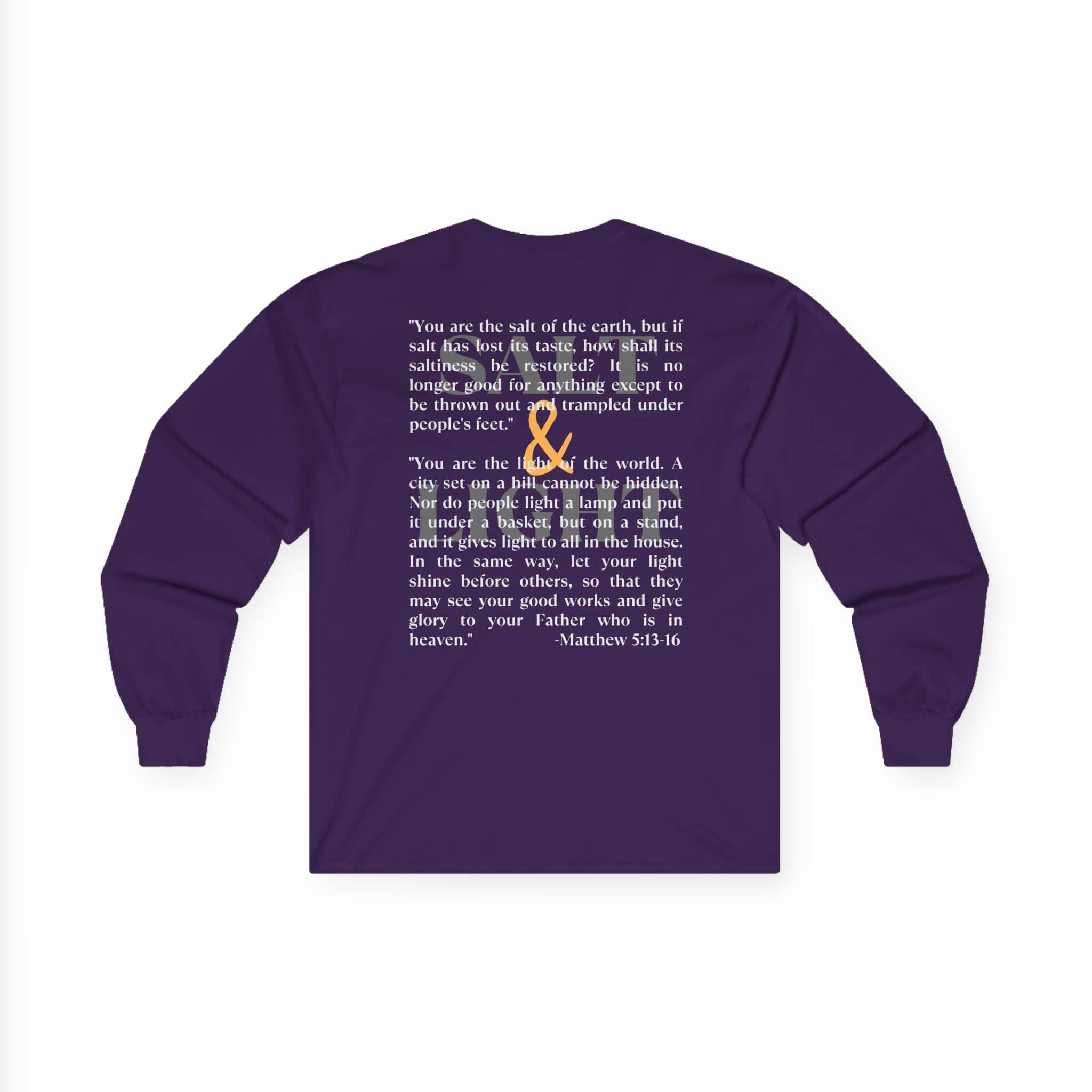 Salt and Light men's tee in purple featuring a motivational quote from Matthew 5:13-16 on the back