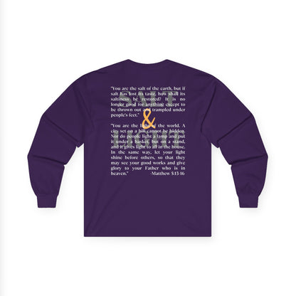 Salt and Light men's tee in purple featuring a motivational quote from Matthew 5:13-16 on the back