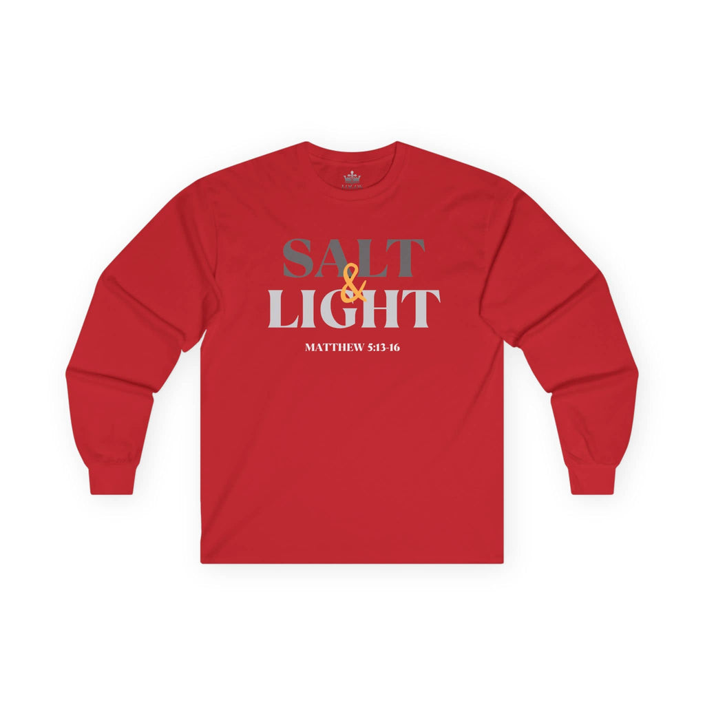 Red long-sleeve Salt and Light men's tee featuring inspirational text from Matthew 5:13-16