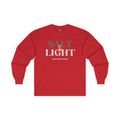 Red long-sleeve Salt and Light men's tee featuring inspirational text from Matthew 5:13-16
