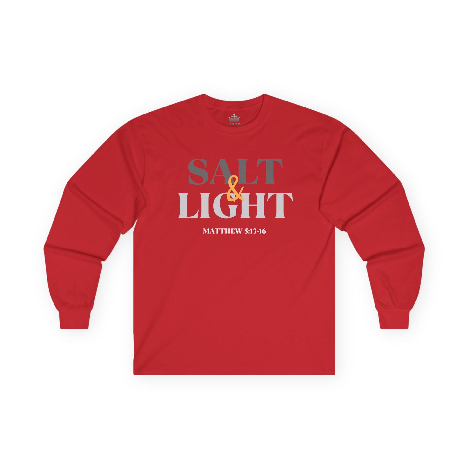 Red long-sleeve Salt and Light men's tee featuring inspirational text from Matthew 5:13-16