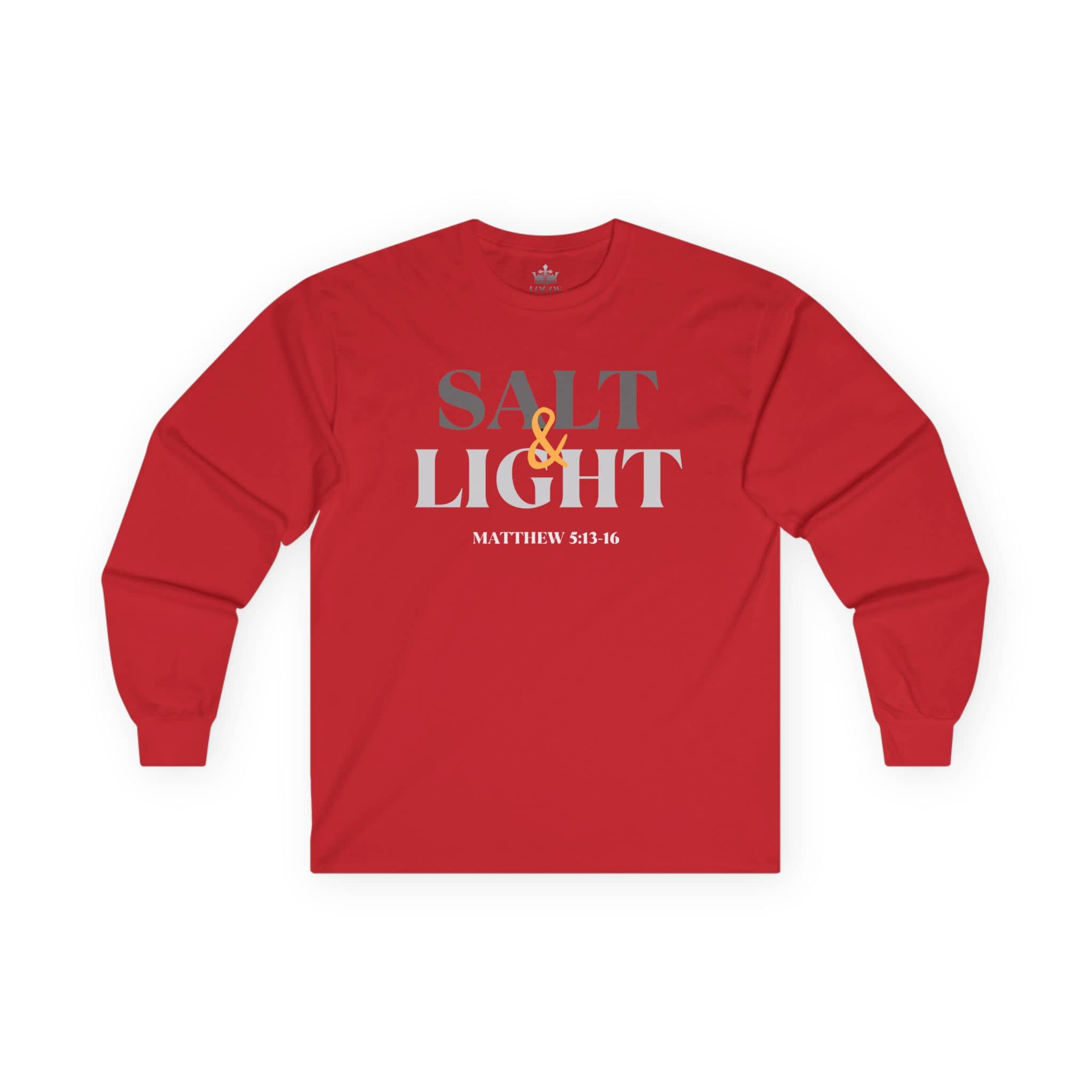 Red long-sleeve Salt and Light men's tee featuring inspirational text from Matthew 5:13-16