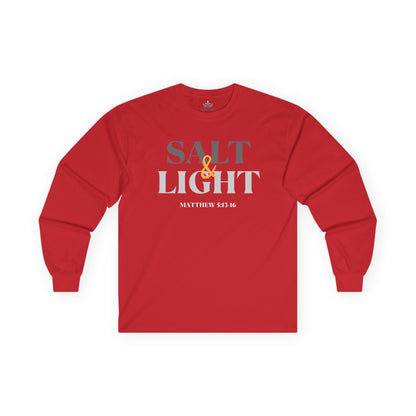 Red long-sleeve Salt and Light men's tee featuring inspirational text from Matthew 5:13-16