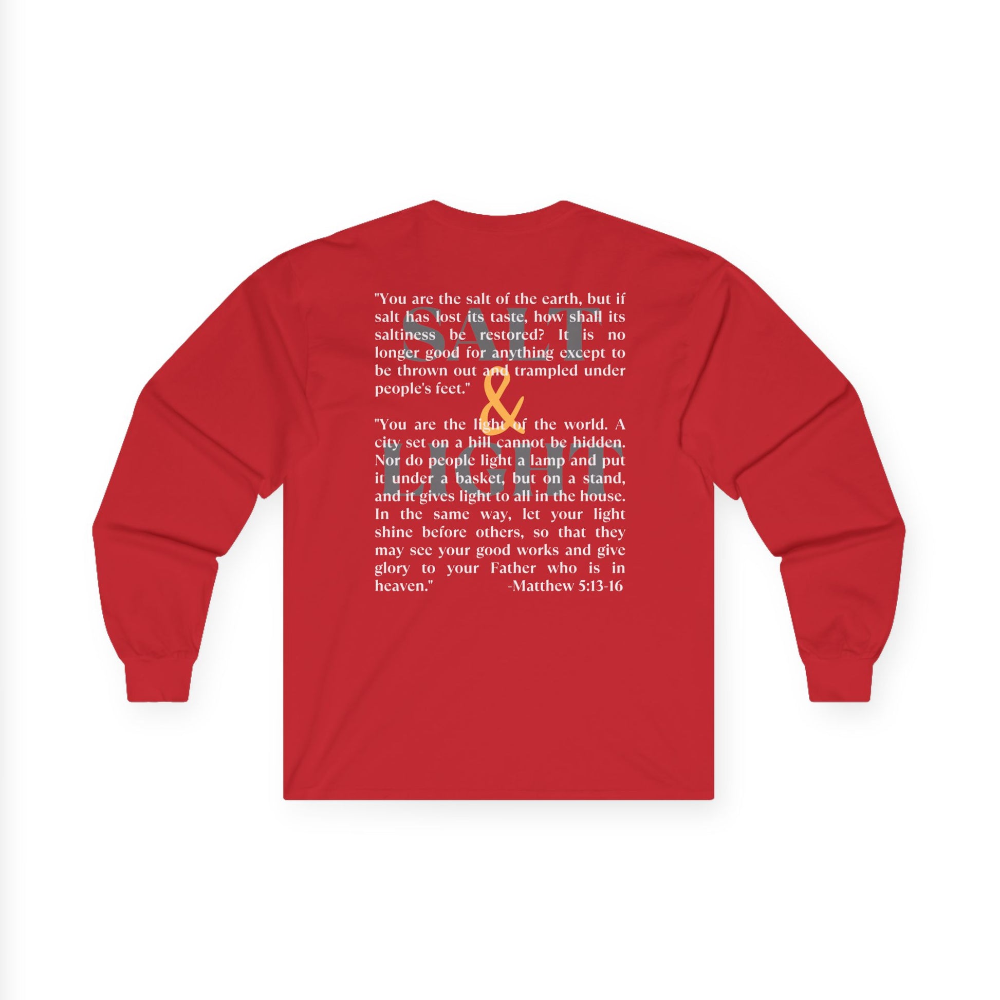 Red long-sleeve Salt and Light men's tee featuring inspirational quote from Matthew 5:13-16