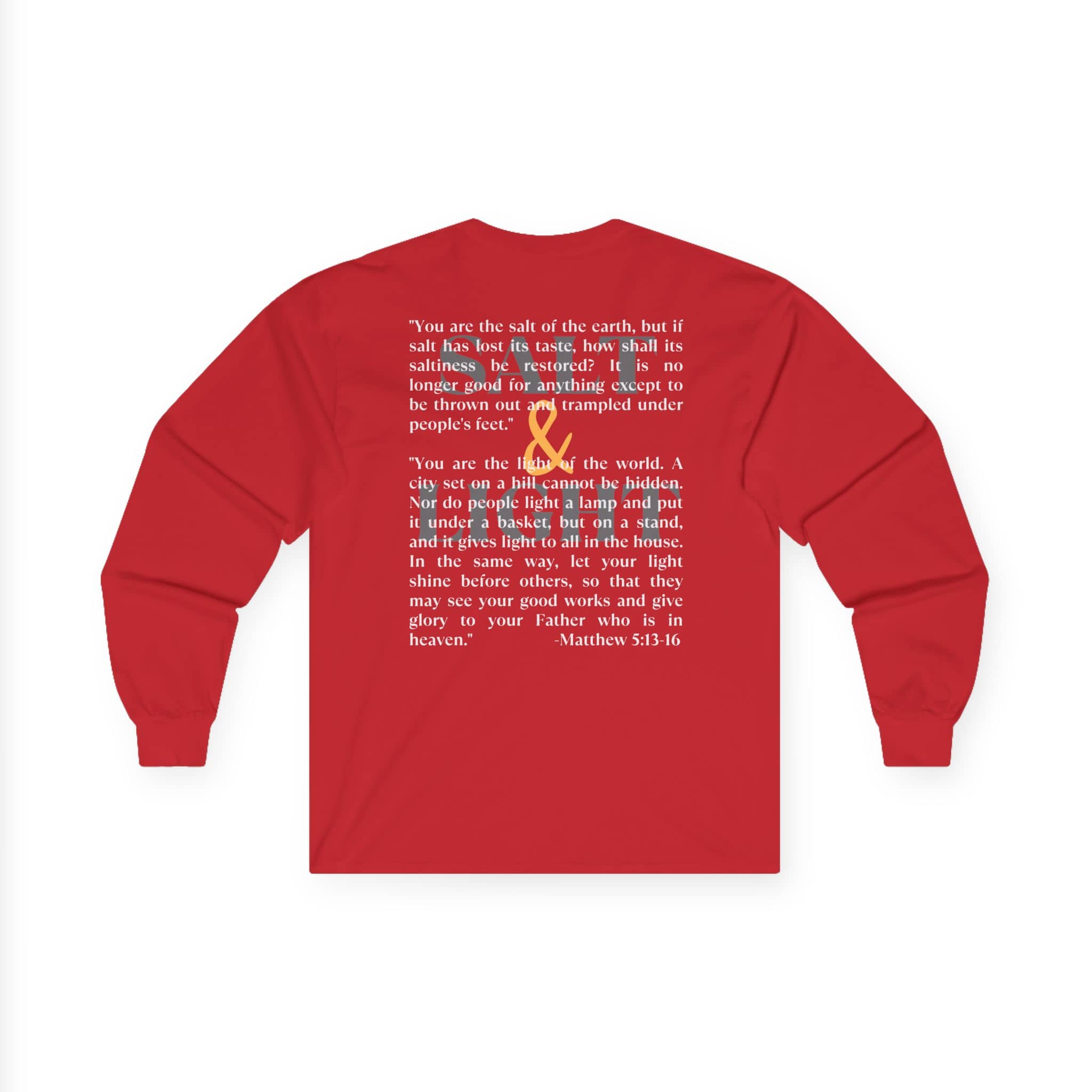 Red long-sleeve Salt and Light men's tee featuring inspirational quote from Matthew 5:13-16