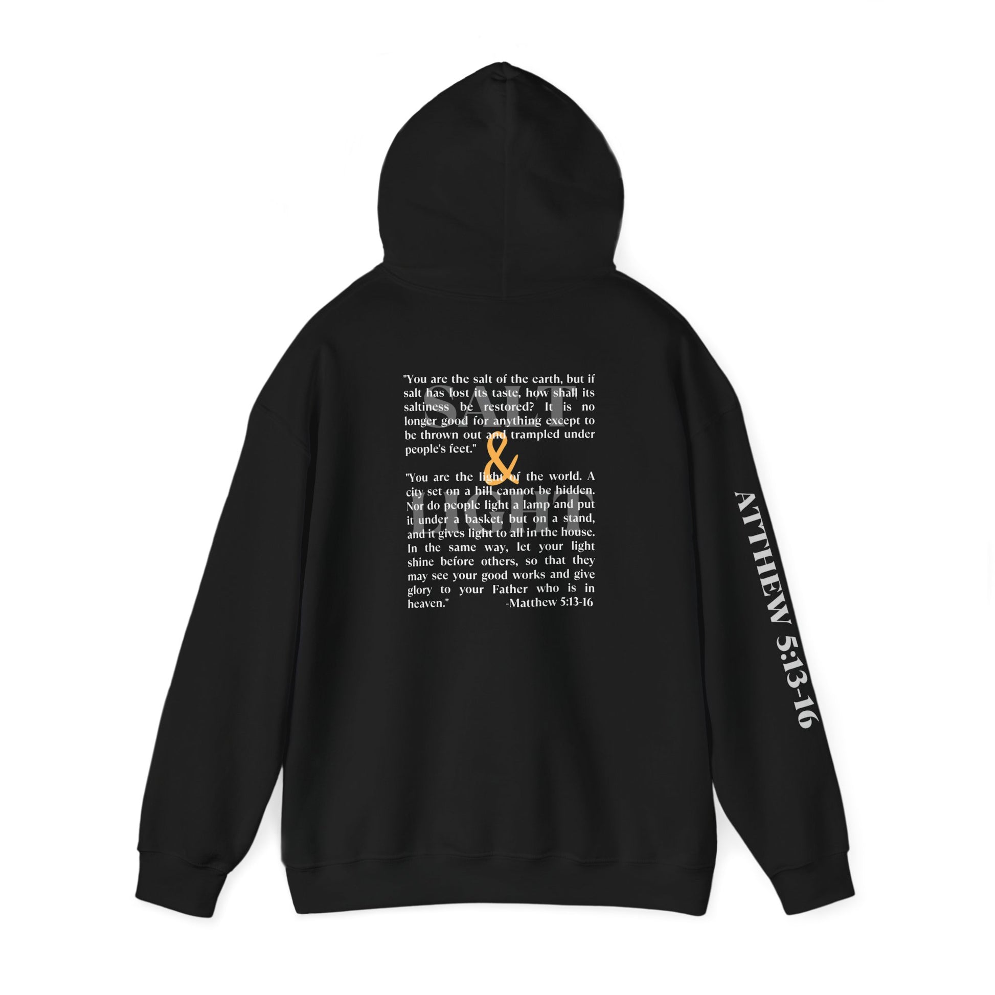 Salt and Light black hoodie displaying the back design with the Matthew 5:13-16 Scripture verse