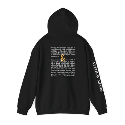 Salt and Light black hoodie displaying the back design with the Matthew 5:13-16 Scripture verse