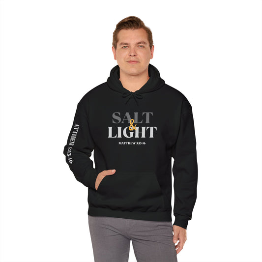 Black Salt and Light scripture hoodie with Matthew 5 13-16 biblical design on front and sleeve