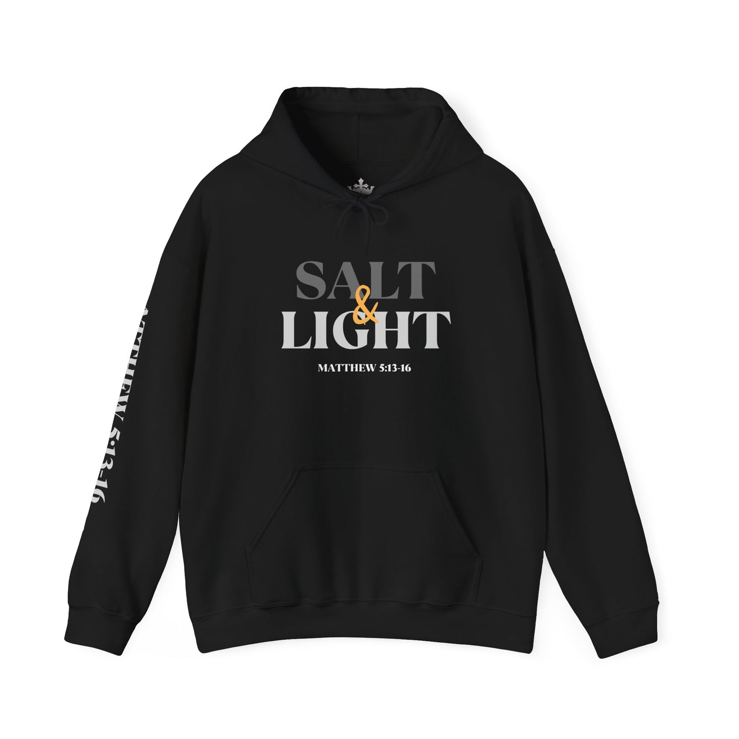 Salt and Light black scripture hoodie displaying the bold front design