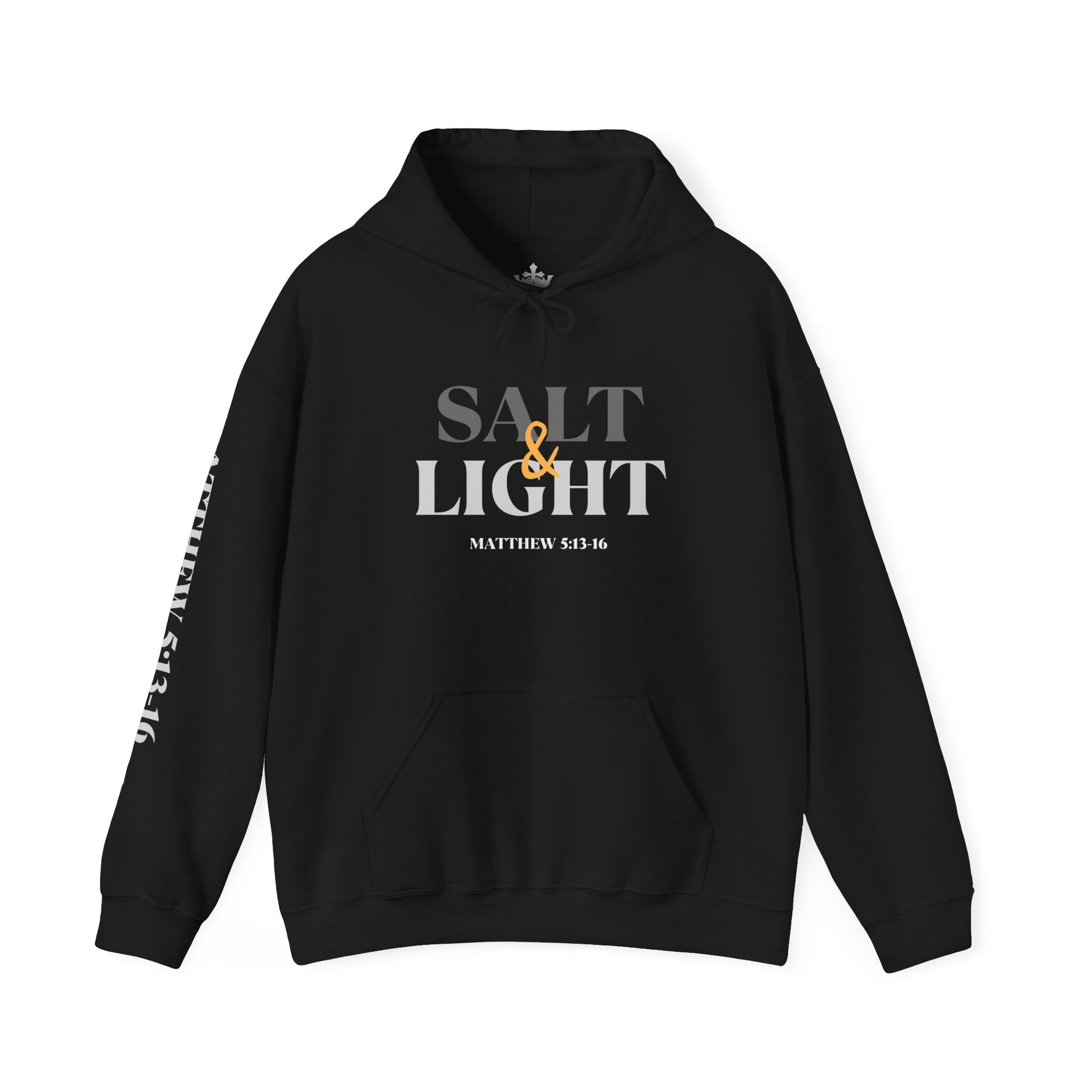 Salt and Light black scripture hoodie displaying the bold front design