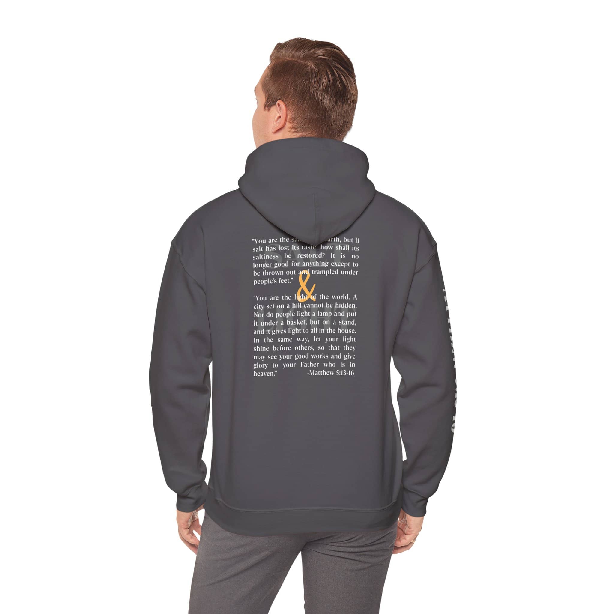Charcoal Salt and Light scripture hoodie in dark gray with Bible verse and cross design on the back