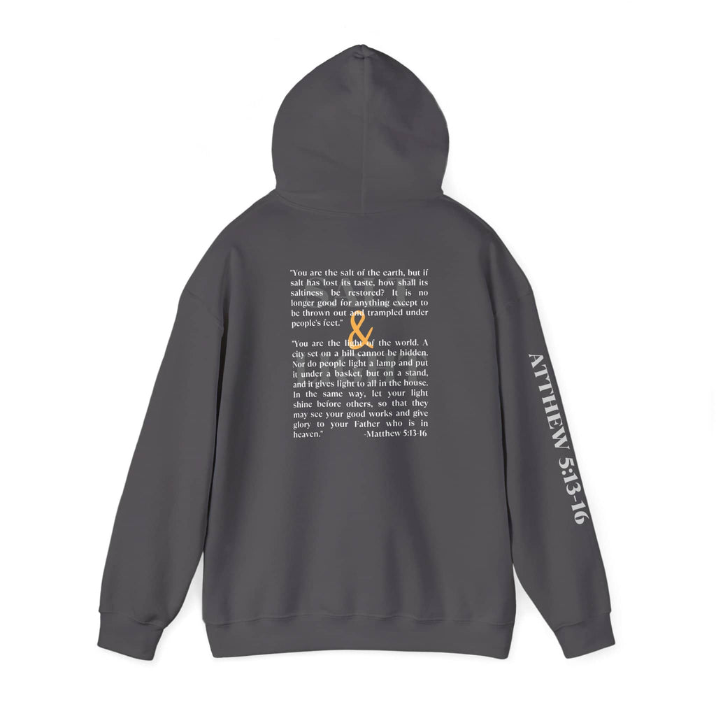 Salt and Light men's scripture hoodie displaying the back design in charcoal