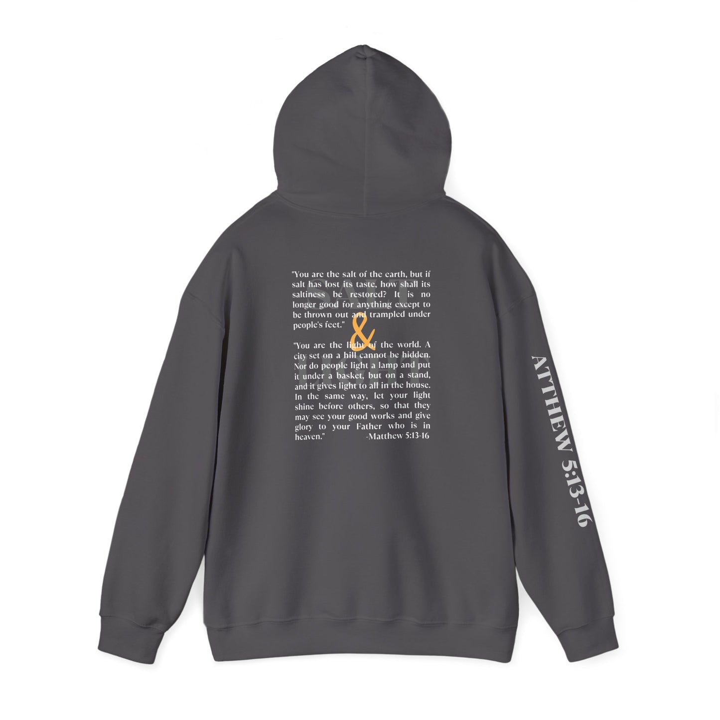 Salt and Light men's scripture hoodie displaying the back design in charcoal