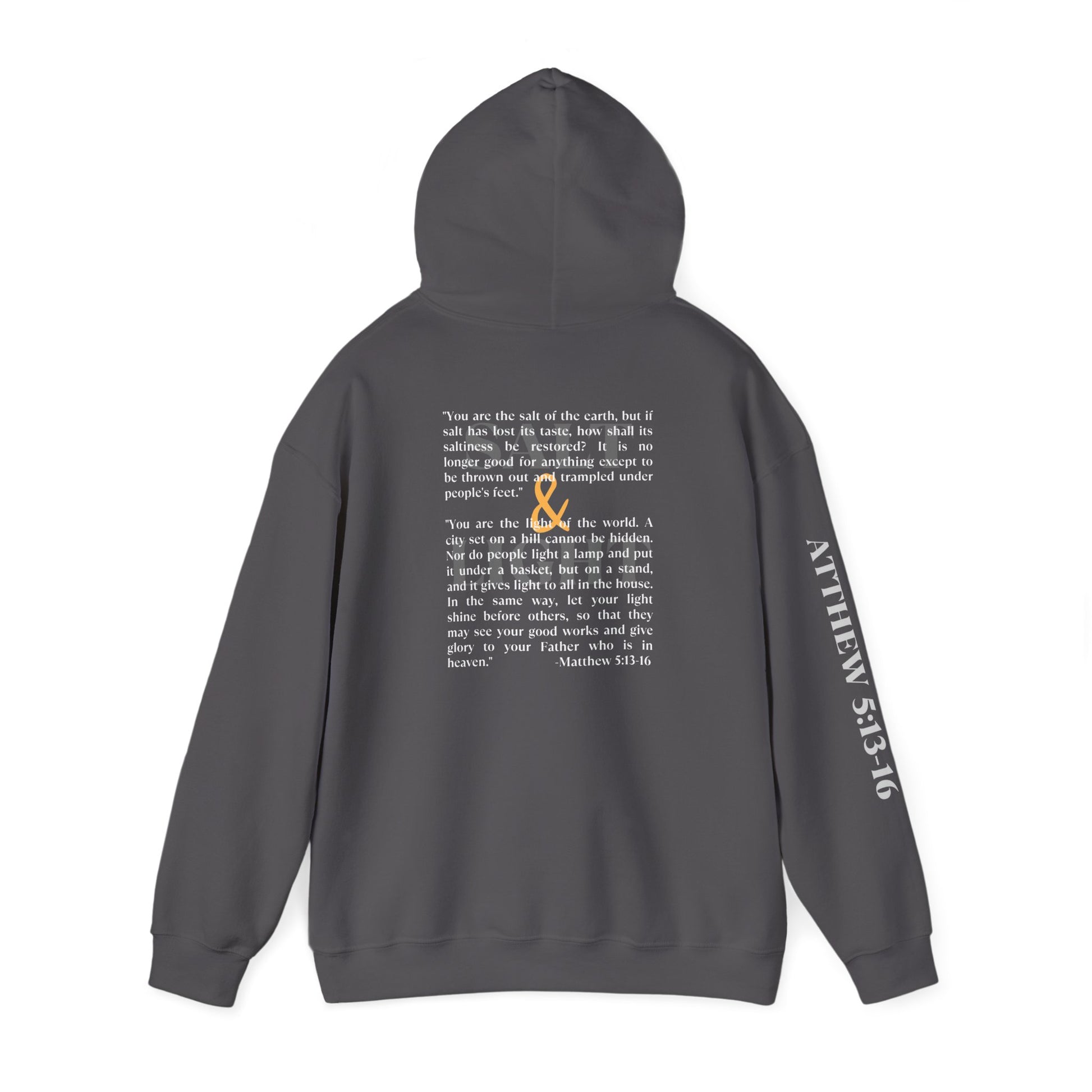Salt and Light men's scripture hoodie displaying the back design in charcoal