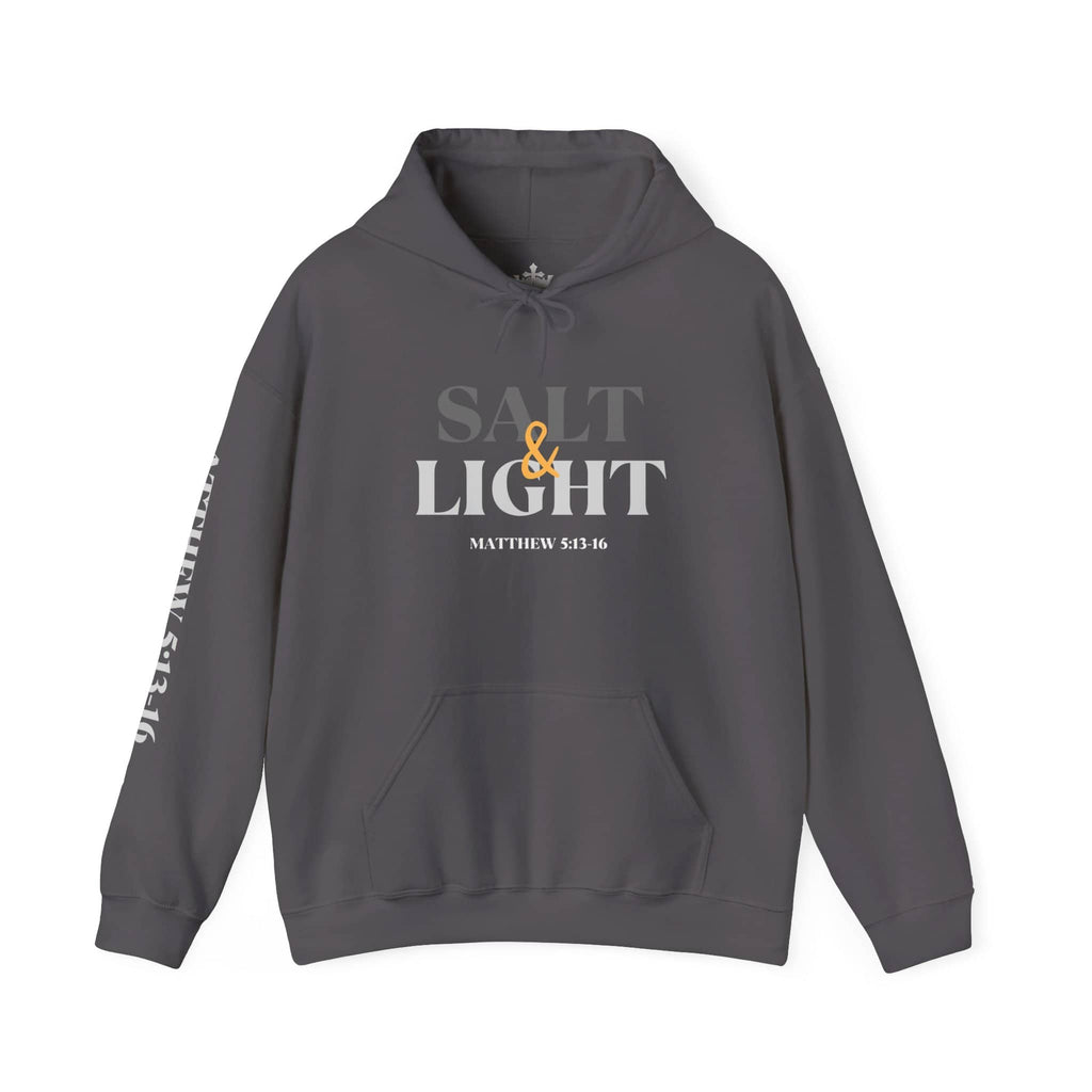 Salt and Light men's scripture hoodie displaying the bold front design in Charcoal